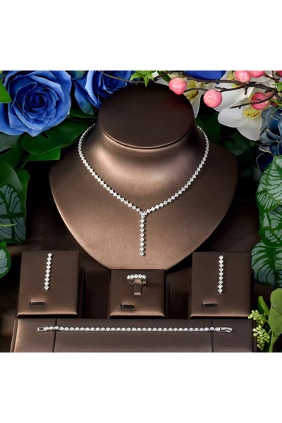 VİYA Chole Zirkon Taşlı Takı Seti Kolye Küpe Bileklik Yüzük Set Düğün Nişan Seti