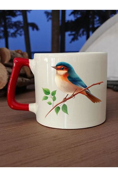 lili hediyelik Bird Printed 3-Piece Red Handled Ceramic Mug Cup Coffee Cup