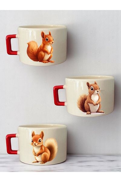lili hediyelik Squirrel Printed 3-Piece Coffee Cup Ceramic Gift Mug Cup