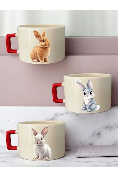 lili hediyelik Rabbit Printed 3-Piece Coffee Cup Ceramic Gift Mug Cup
