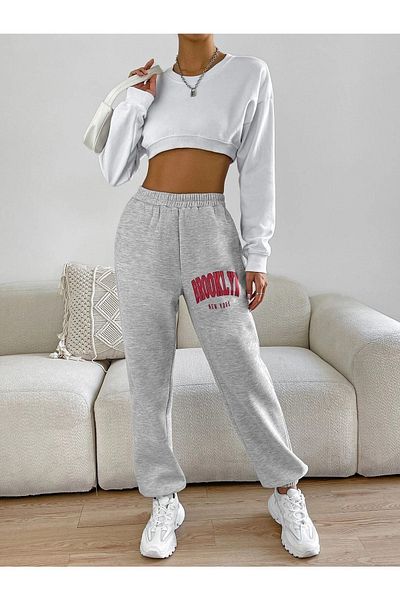 VBSVİBES Women's Gray Brooklyn Printed Elastic Leg Sweatpants Jogger 2 Thread Without Raising