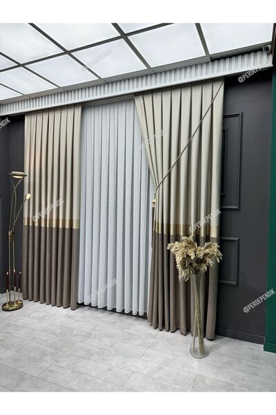 Perde Pendik Elegans Series Azra Patterned Mink Gold Cream Crown - ستارة خلفي...