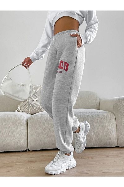 VBSVİBES Women's Gray Brooklyn Printed Elastic Leg Sweatpants Jogger 2 Thread Without Raising