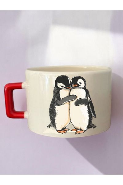 lili hediyelik Penguin Printed 3-Piece Coffee Cup Ceramic Gift Mug Cup