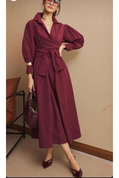 Klein Burgundy Long Shirt Dress with Tie Detail