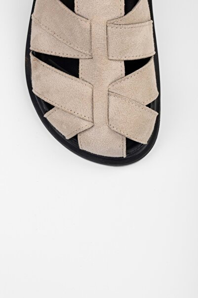 Shoeberry Women's Vion Beige Suede Buckle Detailed Slippers