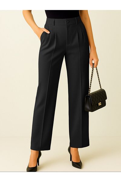 Modamorfo Single Button Front Fold Detailed Pocket Trousers -Black