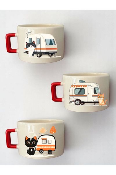 lili hediyelik Cat and Caravan Printed 3-Piece Coffee Cup Ceramic Gift Mug Cup