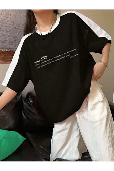 DUBU BUTİK Leisure Future Pieced Single Jersey T-Shirt - Black Body Shoulder White Pieced Oversize Unisex