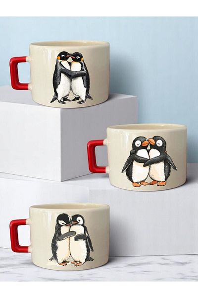 lili hediyelik Penguin Printed 3-Piece Coffee Cup Ceramic Gift Mug Cup