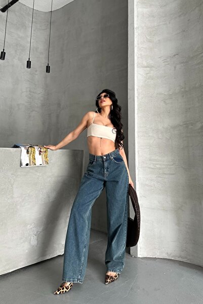 DESTEMODA Γυναικείο τζιν φαρδύ τζιν παντελόνι Snow Wash Green Tint 4000