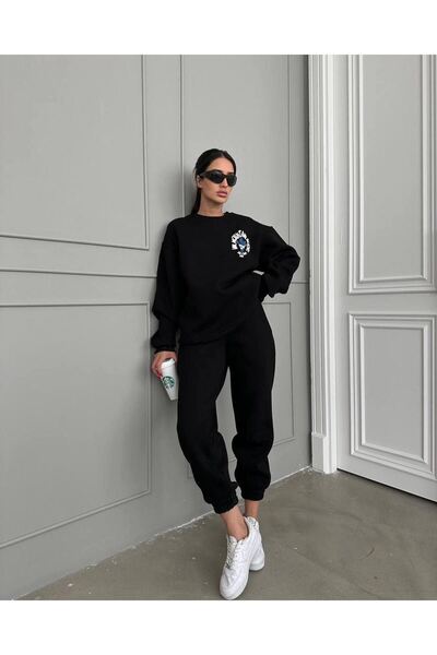CLAYES Val Mountain Logo Tracksuit Set Sweatshirt Jogger - Black Printed Oversize Raised Crew Neck