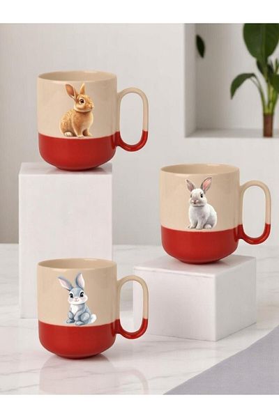 lili hediyelik Rabbit Printed 3-Piece Red Base Ceramic Mug