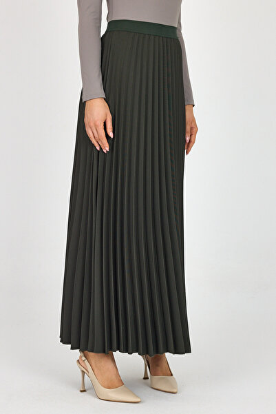 G-Line Khaki Maxi Pleated Skirt - Elastic Waist