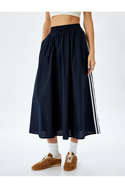 Koton Pamuklu Yanları Çizgili Cepli Midi Boy Kloş Etek