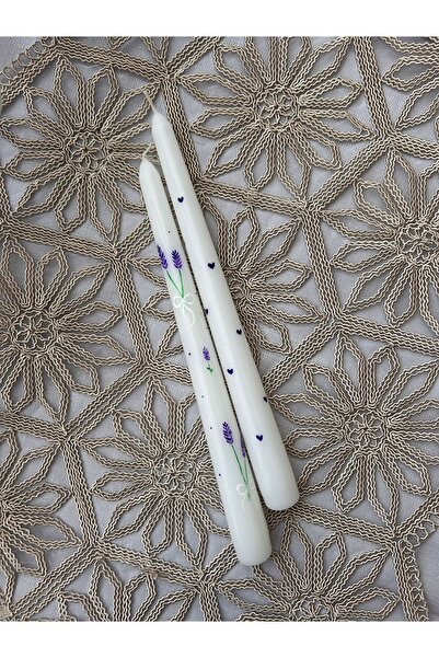 Barem LumiStore El Emeği Boyalı Mor Lavanta Ve Kalp Desenli Şamdan Mumu 2'li Set