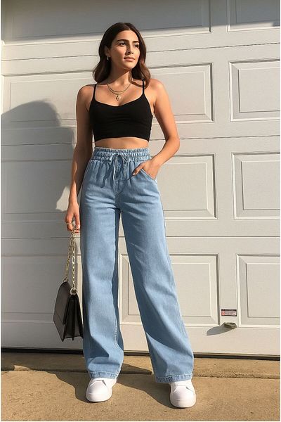 LİMABEL Women's Blue Snow Washed Loose High Waist Lycra Wide Leg Jeans (super High)