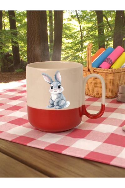 lili hediyelik Rabbit Printed 3-Piece Red Base Ceramic Mug
