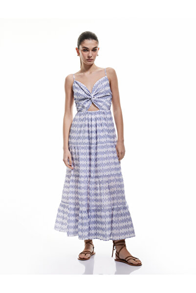 Koton Pencere Detaylı Büzgülü Pamuklu Desenli Uzun İnce Askılı Elbise