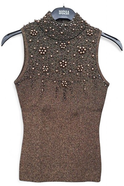 Cache S / 36 ESNEK PAMUKLU SİMLİ BONCUK İŞLEMELİ YARIM BOĞAZ KOLSUZ ŞIK KAHVE...