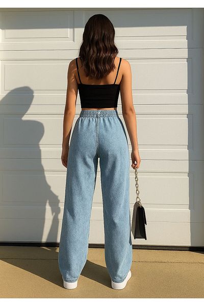 LİMABEL Women's Blue Snow Washed Loose High Waist Lycra Wide Leg Jeans (super High)