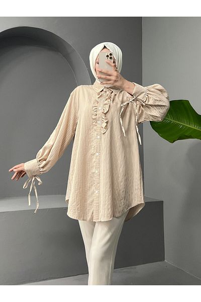 Modamorfo Lace-Up Front Ruffled Striped Shirt Tunic - Beige