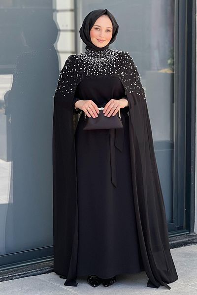 White Corner Cape Pearl Embroidered Evening Dress