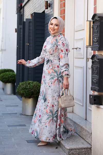 Neva Style Floral Patterned Ecru Hijab Dress 27988E