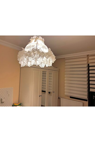 LULUAVİZEM Patentli Elde Yıkanabilir Başlık Ekru Kırık Beyaz Dantel Detaylı Sarkıt Avize