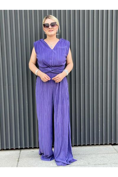 MELTEM TUĞAN Vatkalı Düğüm Detaylı  Beli Lastikli Akordiyon Tulum MOR