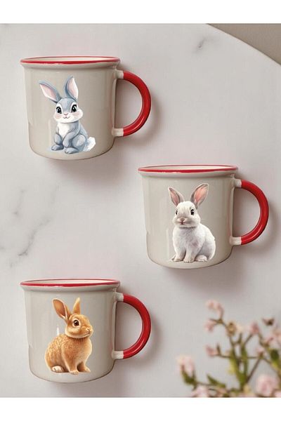 lili hediyelik Rabbit Printed 3-Piece Red Ceramic Mug Cup Gift Coffee Cup