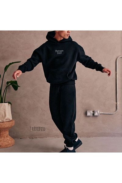 DUBU BUTİK طقم بدلة رياضية من Future Self سويت شيرت Jogger - أسود مطبوع كبير الحجم من المطاط ذو القلنسوة