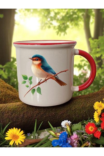 lili hediyelik Bird Printed 3-Piece Red Ceramic Mug Cup Gift Coffee Cup
