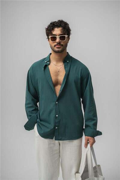 OUTFİT MAN Collar Buttoned Linen Shirt Green