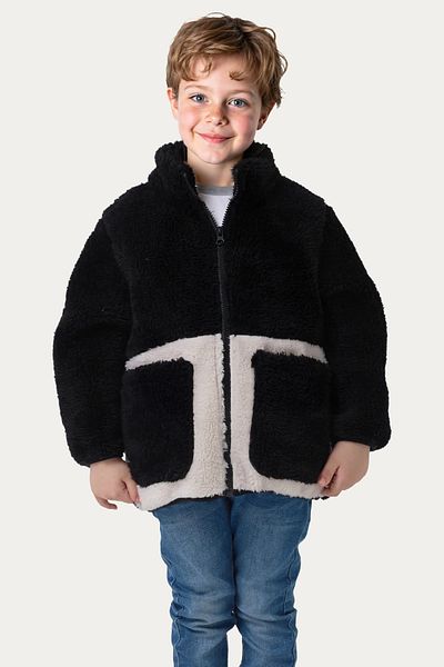 Riverstorm Boy's Plush Black Ecru Pocket Zippered Welsoft Winter Coat