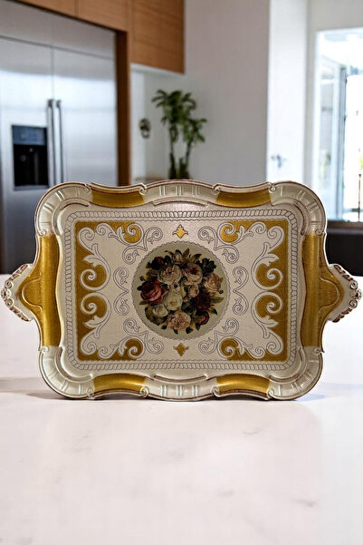 Sevinse Home Italian Rosewood Luxury Handmade Tray for 6 People Cream-Gold