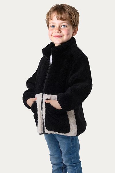 Riverstorm Boy's Plush Black Ecru Pocket Zippered Welsoft Winter Coat