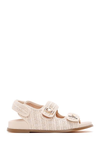 Derimod Beige Double Buckle Straw Women's Sandals - Ankle Strap, 24sfd4407m7