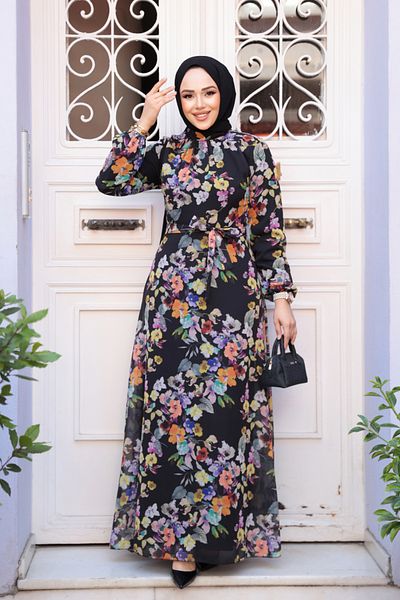Neva Style Floral Patterned Black Hijab Dress 279902 S