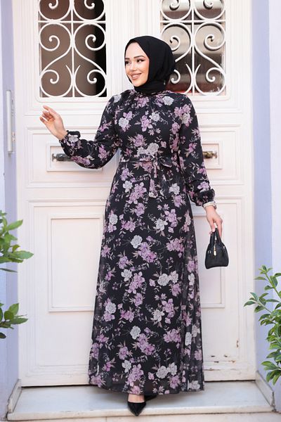 Neva Style Floral Patterned Black Hijab Dress 279912 S
