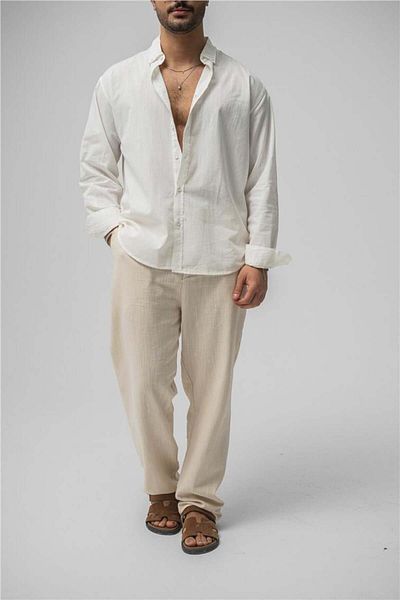 OUTFİT MAN Collar Buttoned Linen Shirt White