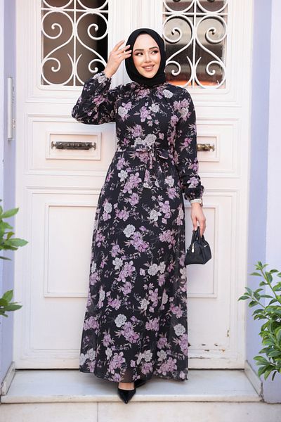 Neva Style Floral Patterned Black Hijab Dress 279912 S