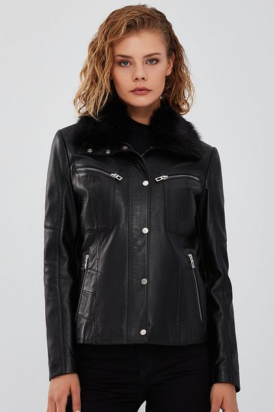 Derimod Vivien Women's Black Fur Collar Leather Jacket - 23wge51251m