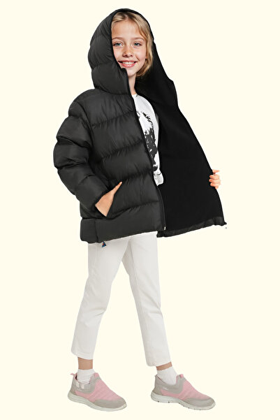 Riverstorm Kız Çocuk Siyah İçi Polarlı Kapüşonlu Su Geçirmez Rüzgara Dayanıklı Cepli Şişme Kışlık Mont