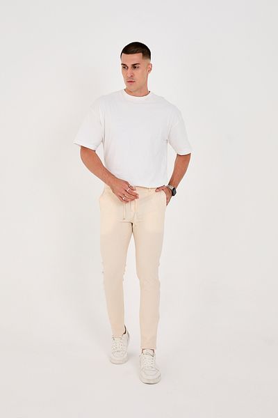 BROCARD Ανδρικό ύφασμα Seersucker Lycra Jogger Slimfit μέσης μισό ελαστικό κρεμ παντελόνι