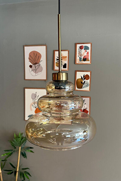 Bamyum Lily Cam Bal Rengi Tekli Avize Eskitme Ince Başlık Retro Sarkıt Lamba Restoran Salon Aydınlatma