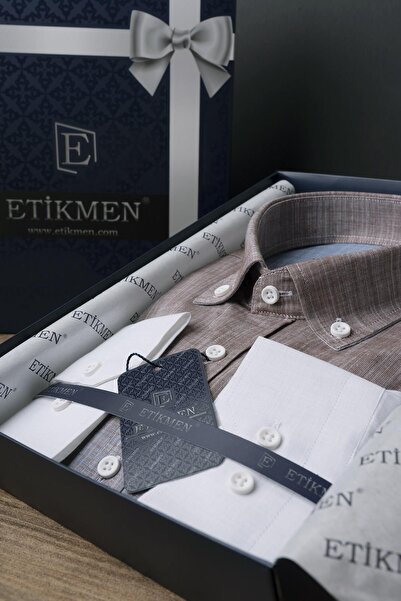 Etikmen Коричнево-синя перехідна лляна чоловіча сорочка з облягаючим кроєм з коричневими вставками