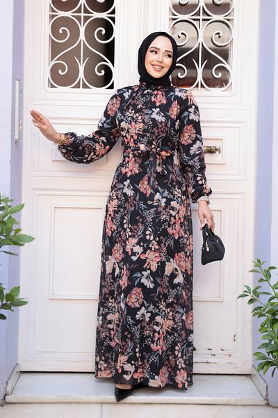 Neva Style Floral Patterned Black Hijab Dress 27968S