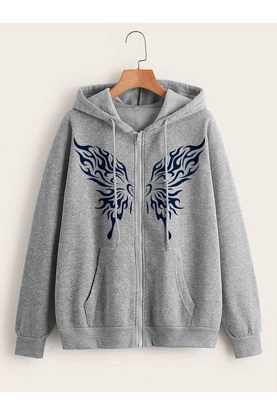 DUBU BUTİK Butterfly Graphic Cardigan - Gray Printed Oversize Hoodie