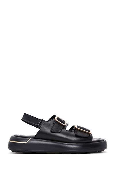 Derimod Women's Black Ankle Strap Double Buckle 100% Genuine Leather Sandals 24Sfd270318